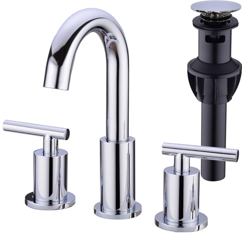 TRUSTMI 2-Handle 8 inch Widespread Brass Bathroom Vanity Sink Faucet with cUPC Water Supply Lines, Build-in Stopper Overflow Pop Up Drain Included,Chrome - Image 1